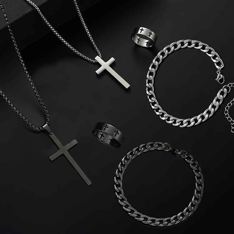 Men Stainless Steel Chain Necklace, Cross Pendant Jewellery Set, Bracelet Ring Hip Hop Daily Wear Accessories