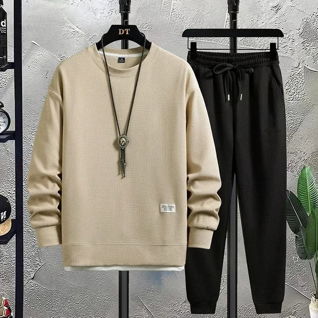 Men Summer Waffle Casual T-Shirt and Pants Set Loose Sports Tracksuit
