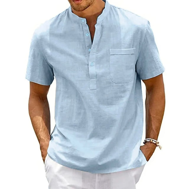 Men's Cotton Linen Henley Shirt – Breathable Short Sleeve Casual Beach Tee