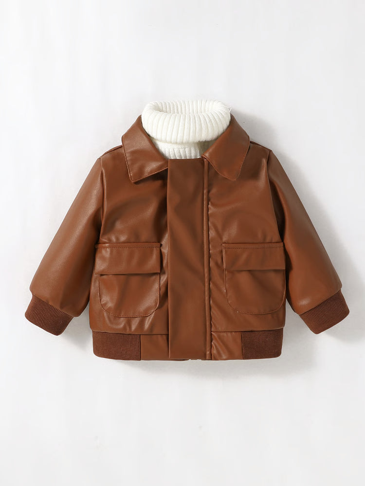 Boys PU Leather Jacket, 1-3Y Fall Winter Leather Coat with Turn-Down Collar, Zipper, Fashion Outwear