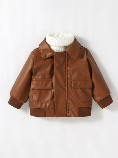 Boys PU Leather Jacket, 1-3Y Fall Winter Leather Coat with Turn-Down Collar, Zipper, Fashion Outwear