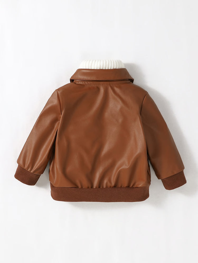 Boys PU Leather Jacket, 1-3Y Fall Winter Leather Coat with Turn-Down Collar, Zipper, Fashion Outwear