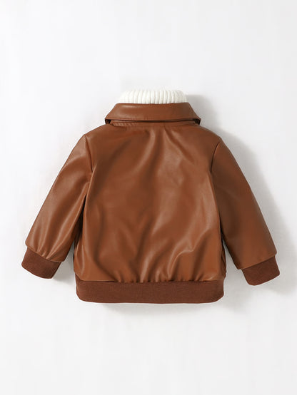 Boys PU Leather Jacket, 1-3Y Fall Winter Leather Coat with Turn-Down Collar, Zipper, Fashion Outwear
