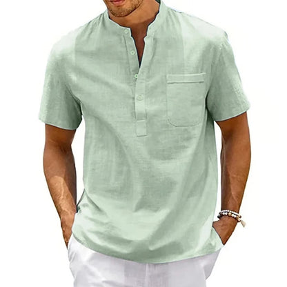 Men's Cotton Linen Henley Shirt – Breathable Short Sleeve Casual Beach Tee
