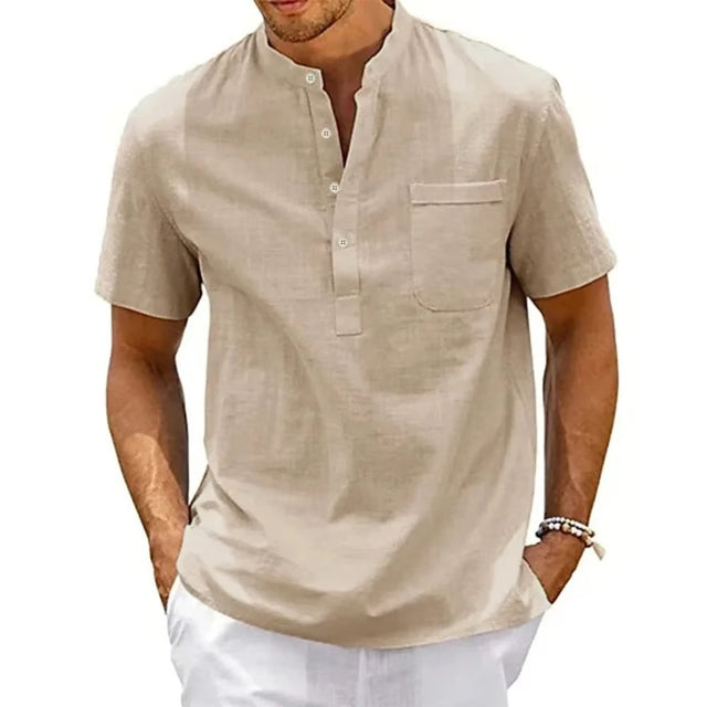 Men's Cotton Linen Henley Shirt – Breathable Short Sleeve Casual Beach Tee