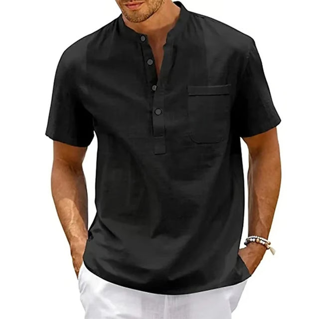 Men's Cotton Linen Henley Shirt – Breathable Short Sleeve Casual Beach Tee