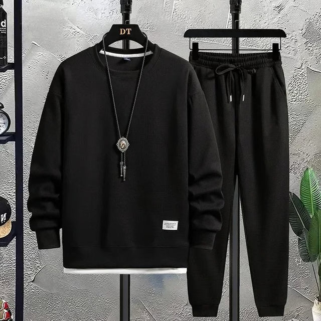 Men Summer Waffle Casual T-Shirt and Pants Set Loose Sports Tracksuit