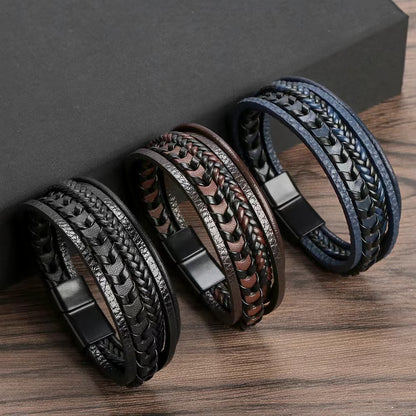 Fashion Accessories Men, Multi Layered Vintage Leather Bracelet, Braided Rope Bracelet, Alloy Magnetic Buckle Design