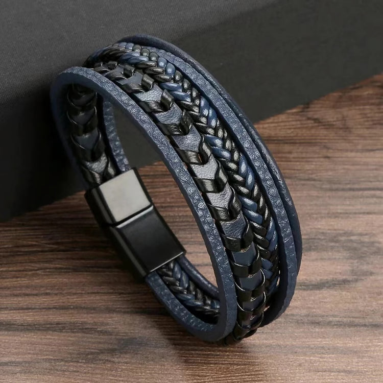 Fashion Accessories Men, Multi Layered Vintage Leather Bracelet, Braided Rope Bracelet, Alloy Magnetic Buckle Design