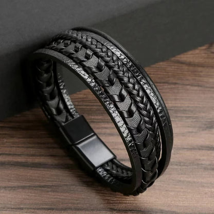 Fashion Accessories Men, Multi Layered Vintage Leather Bracelet, Braided Rope Bracelet, Alloy Magnetic Buckle Design