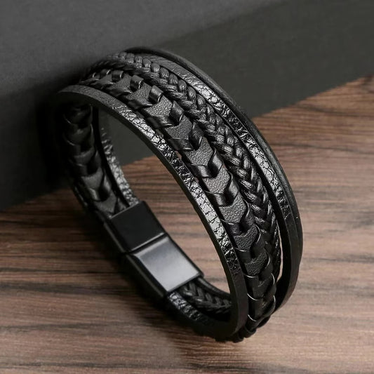 Fashion Accessories Men, Multi Layered Vintage Leather Bracelet, Braided Rope Bracelet, Alloy Magnetic Buckle Design
