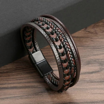 Fashion Accessories Men, Multi Layered Vintage Leather Bracelet, Braided Rope Bracelet, Alloy Magnetic Buckle Design