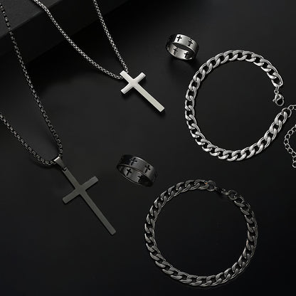 Men Stainless Steel Chain Necklace, Cross Pendant Jewellery Set, Bracelet Ring Hip Hop Daily Wear Accessories