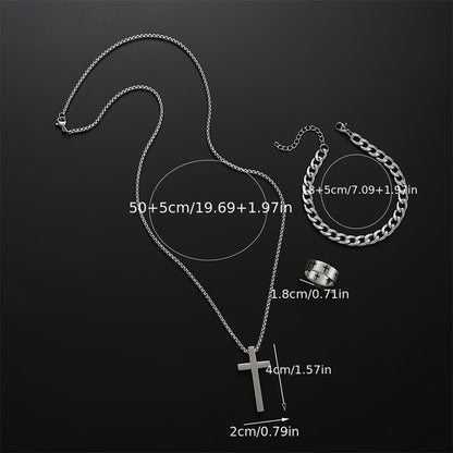 Men Stainless Steel Chain Necklace, Cross Pendant Jewellery Set, Bracelet Ring Hip Hop Daily Wear Accessories