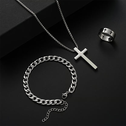 Men Stainless Steel Chain Necklace, Cross Pendant Jewellery Set, Bracelet Ring Hip Hop Daily Wear Accessories