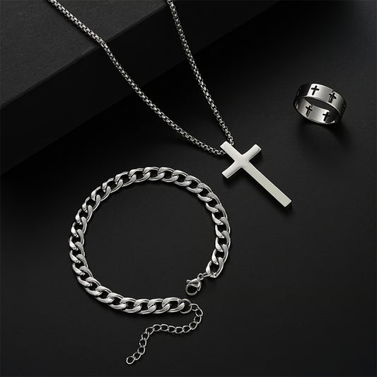 Men Stainless Steel Chain Necklace, Cross Pendant Jewellery Set, Bracelet Ring Hip Hop Daily Wear Accessories