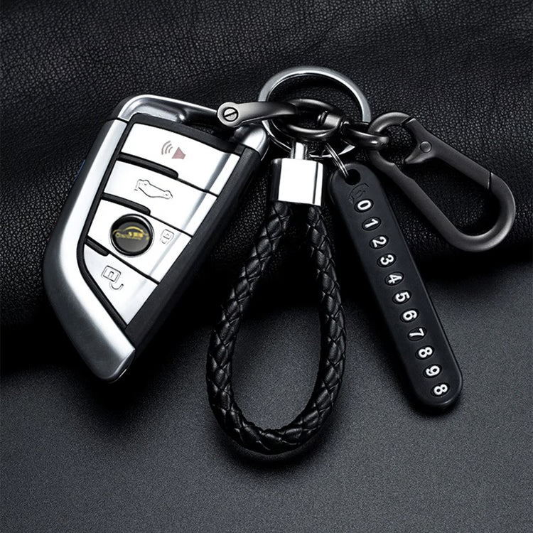 Trendy DIY Mobile Phone Number Plate Keychain for Men Punk Woven Leather Rope Car Accessories