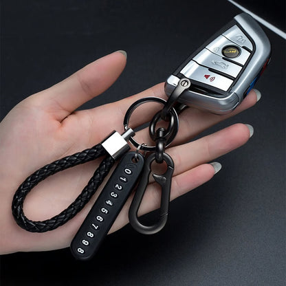Trendy DIY Mobile Phone Number Plate Keychain for Men Punk Woven Leather Rope Car Accessories