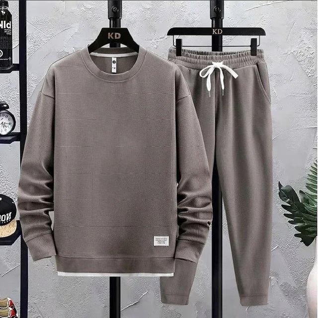 Men Summer Waffle Casual T-Shirt and Pants Set Loose Sports Tracksuit