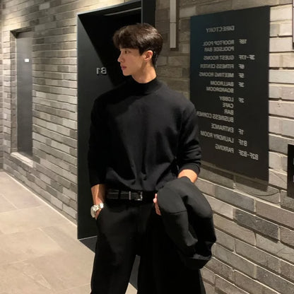 Men's Sweater, Half Polo Turtle Neck, Loose Fit Knit Top, Autumn Winter Base Layer
