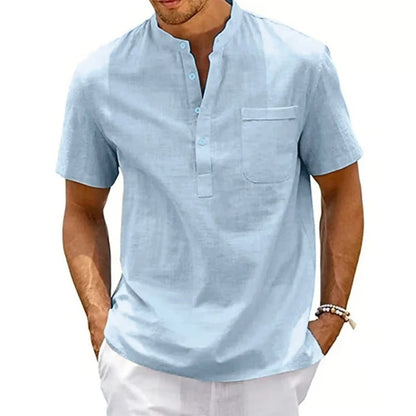 Men's Cotton Linen Henley Shirt – Breathable Short Sleeve Casual Beach Tee